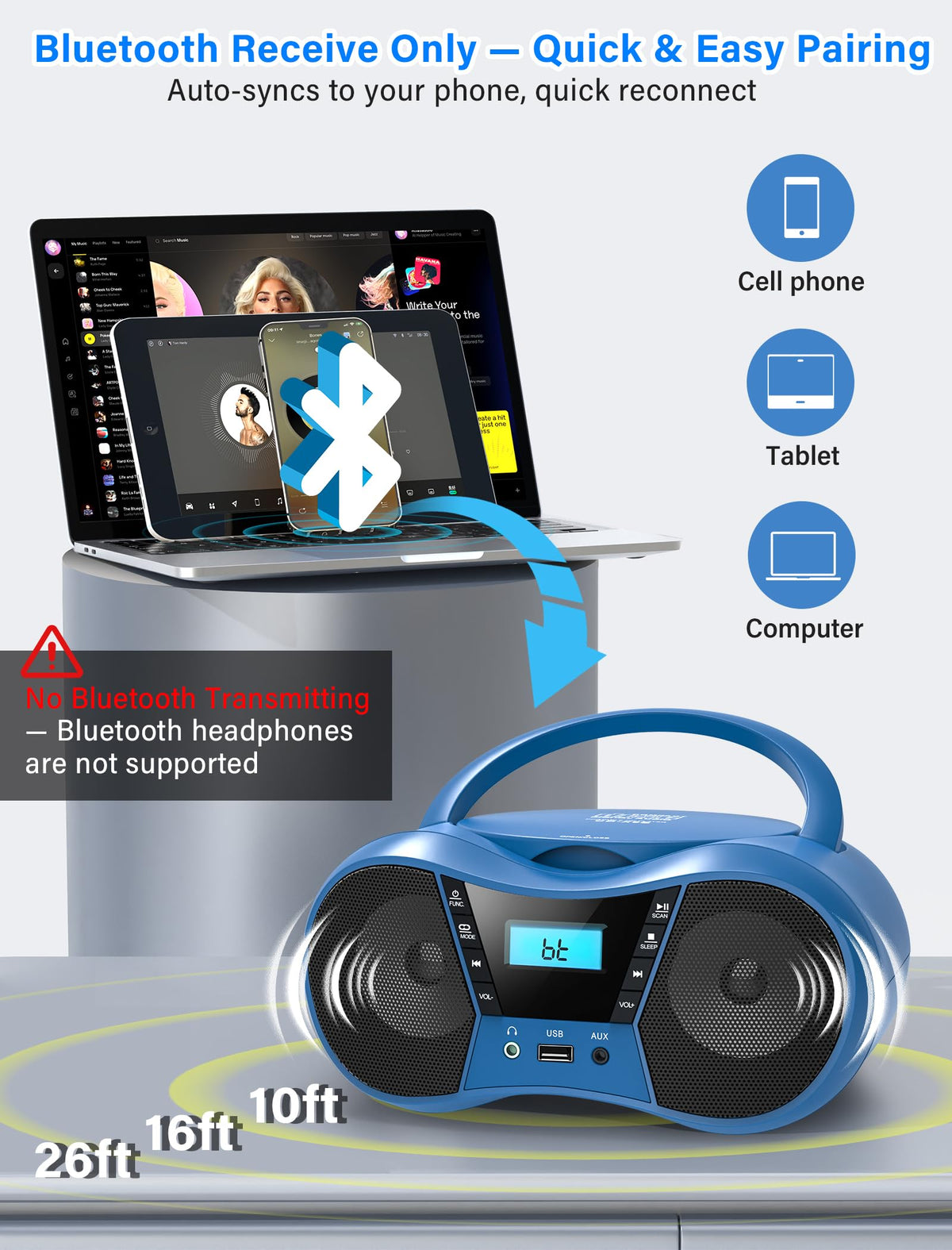 Greadio CD tray open demonstrating CD, CD-R and CD-RW compatibility benefit