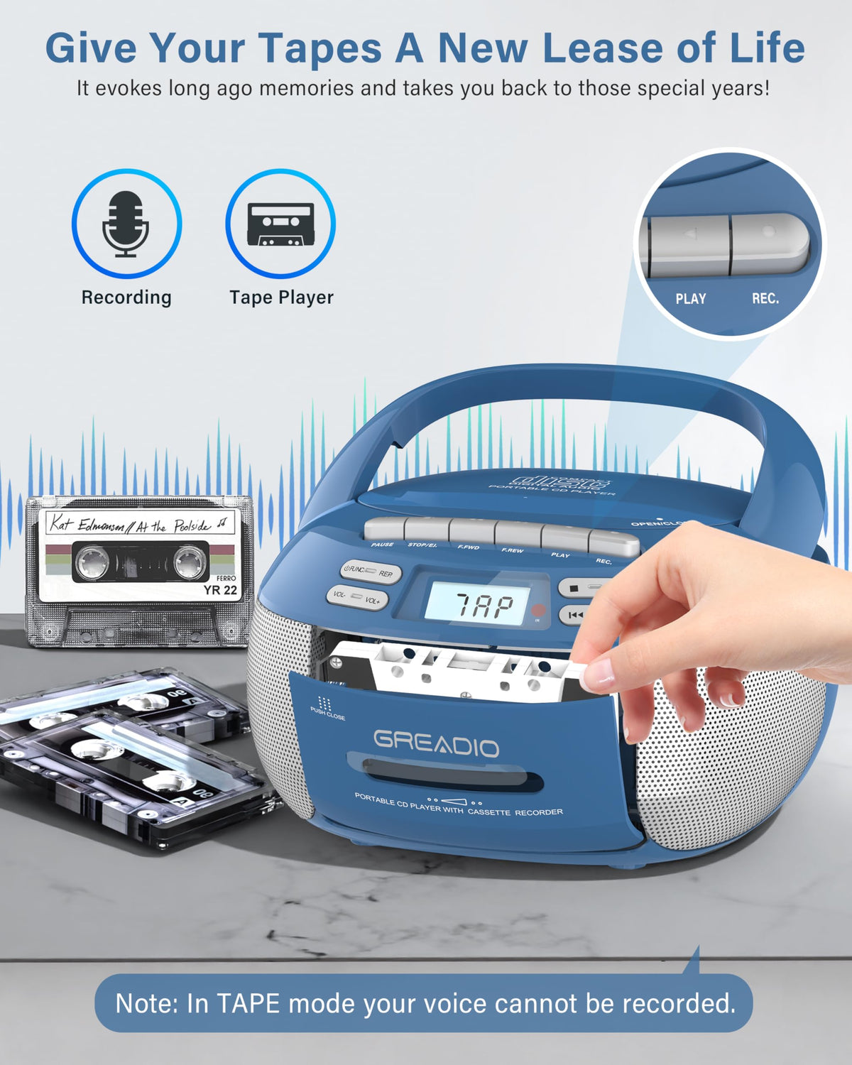 Greadio Boombox dual speakers deliver rich stereo sound and adjustable EQ