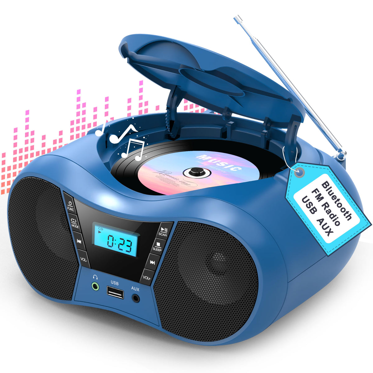 Greadio boombox front view showing blue stereo and display for clear listening