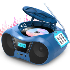 Greadio boombox front view showing blue stereo and display for clear listening