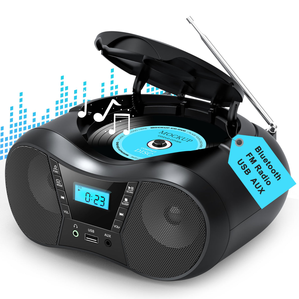 Greadio boombox front view showing stereo speakers and display for clear home audio