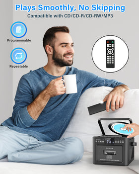 Greadio boombox remote control for quick playback adjustments.
