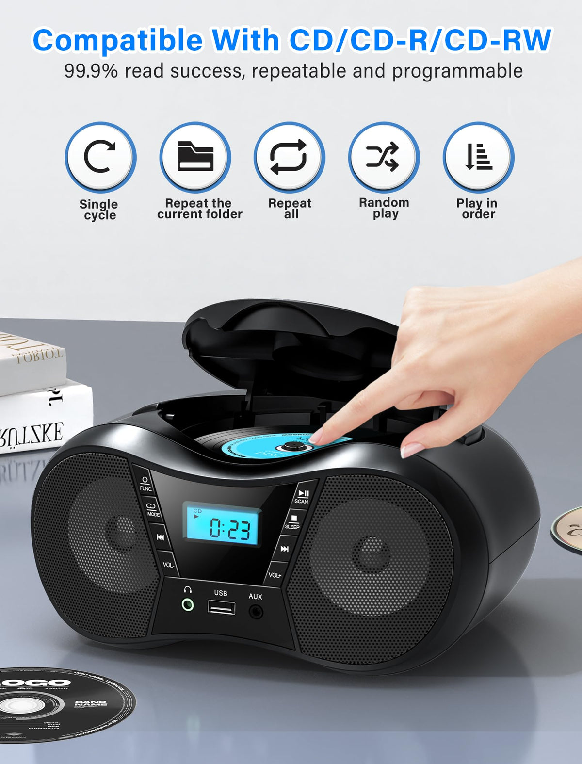 Greadio speaker close-up illustrating dual speakers for fuller stereo sound