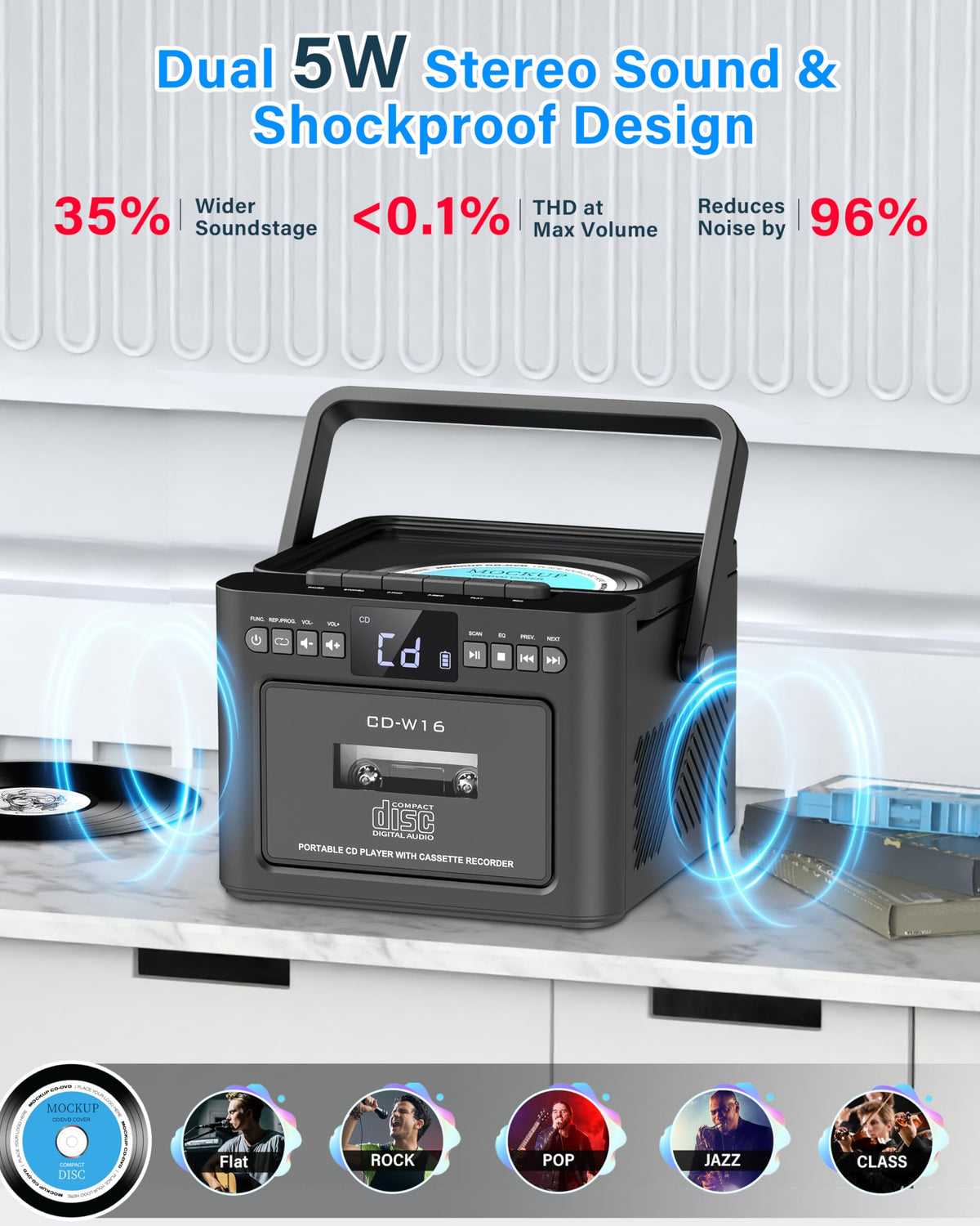 Greadio boombox tape recording feature adds nostalgic versatility.