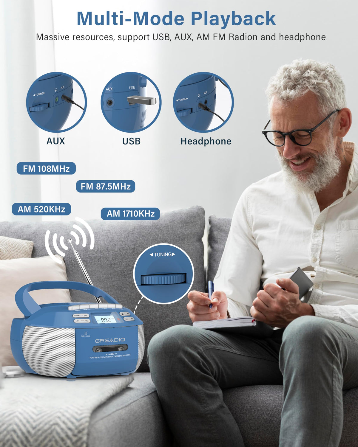 Greadio Boombox USB-AUX port for quick music transfer and device compatibility