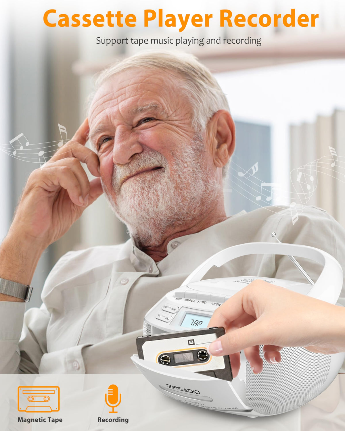 Greadio cassette deck close-up highlighting tape playback and recording