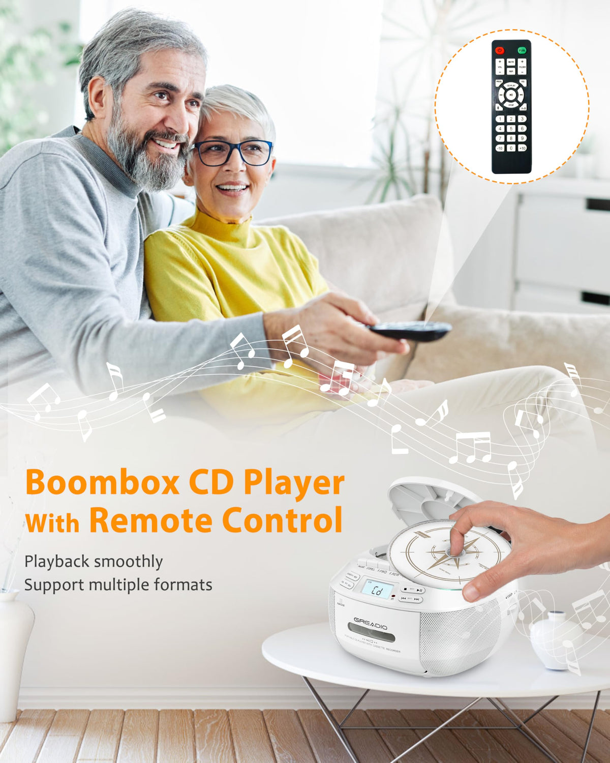 Greadio CD tray open displaying disc slot and playback convenience