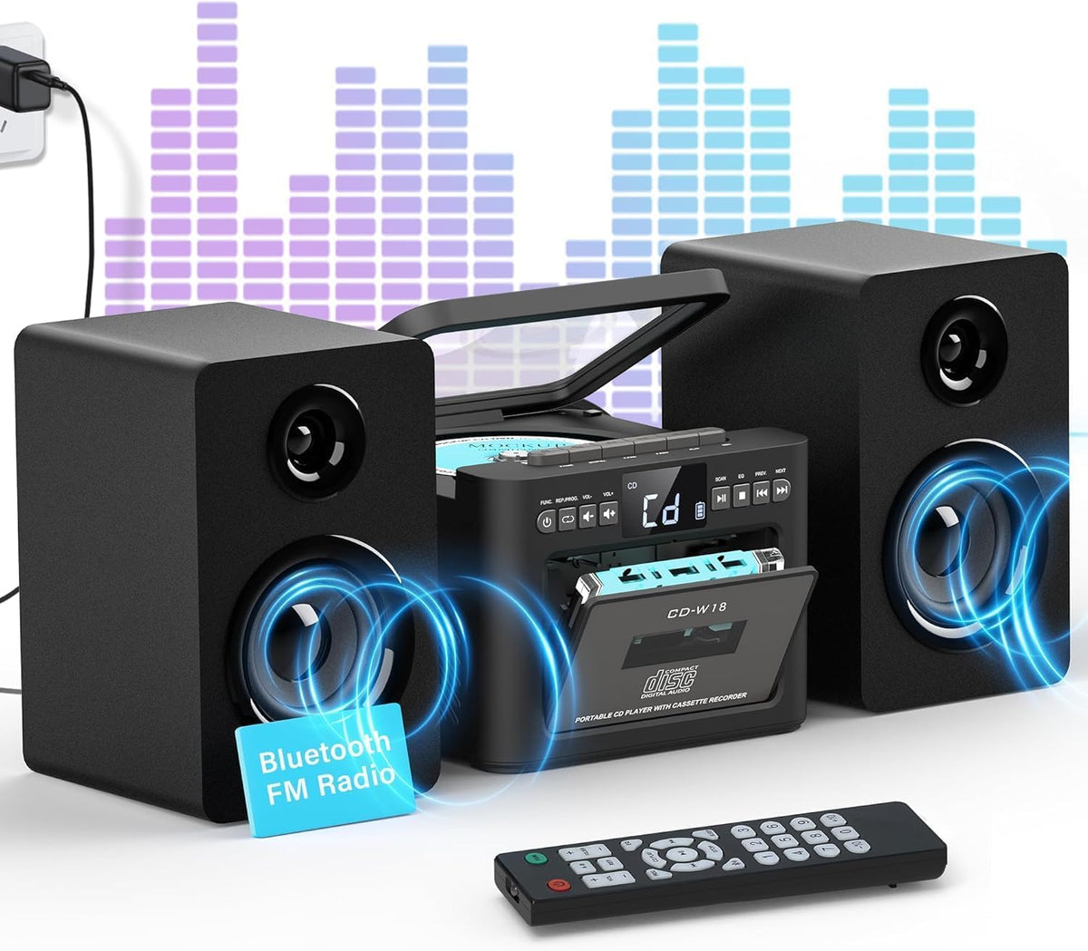 Greadio front boombox view showing CD, cassette and display for versatile playback