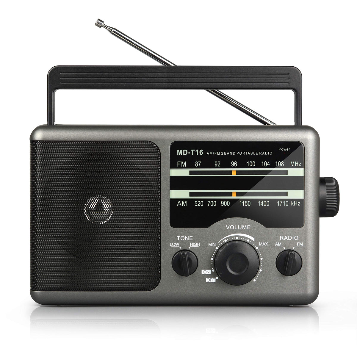 Greadio front view showing speaker and clear frequency dial for easy listening
