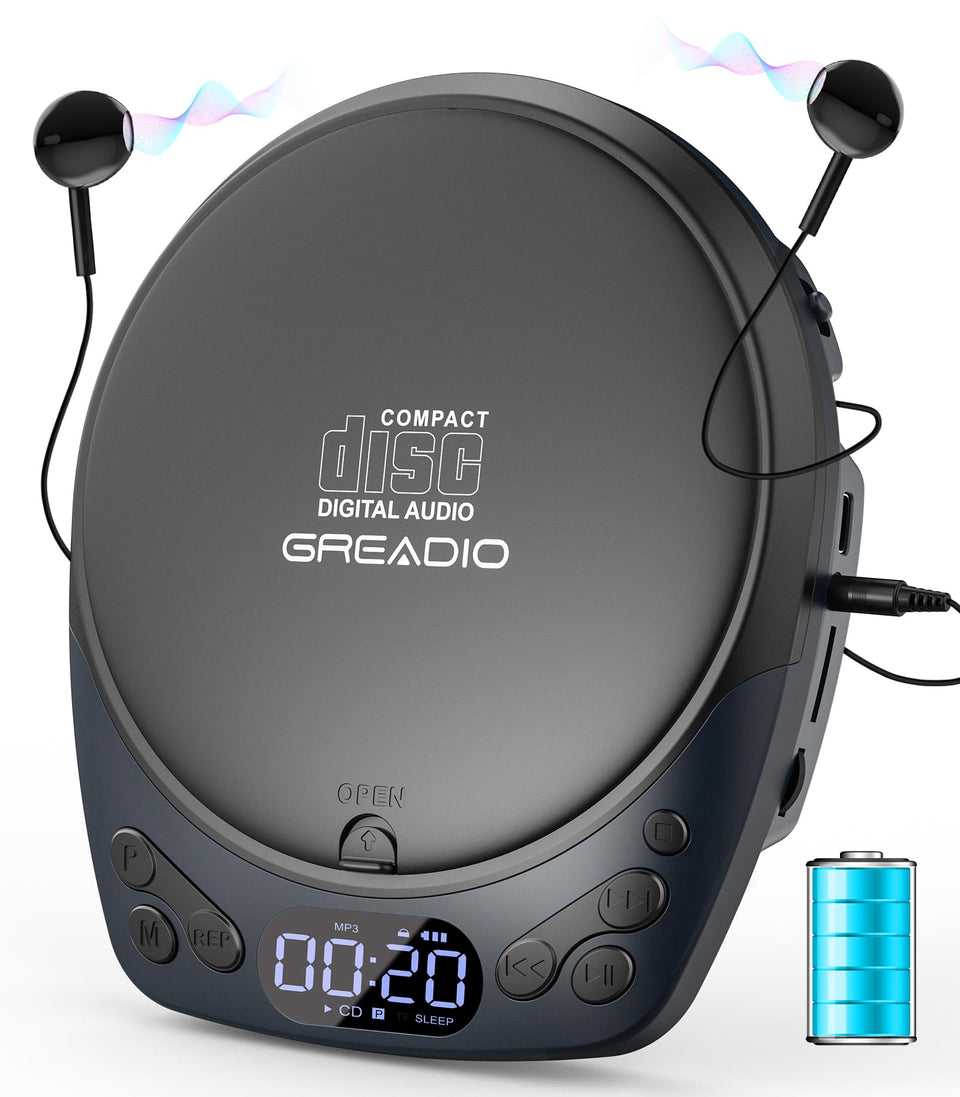 Greadio front view showing top-loading CD player and clear design benefit quick disc changes