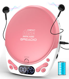 Greadio pink player front view showing compact design and benefits