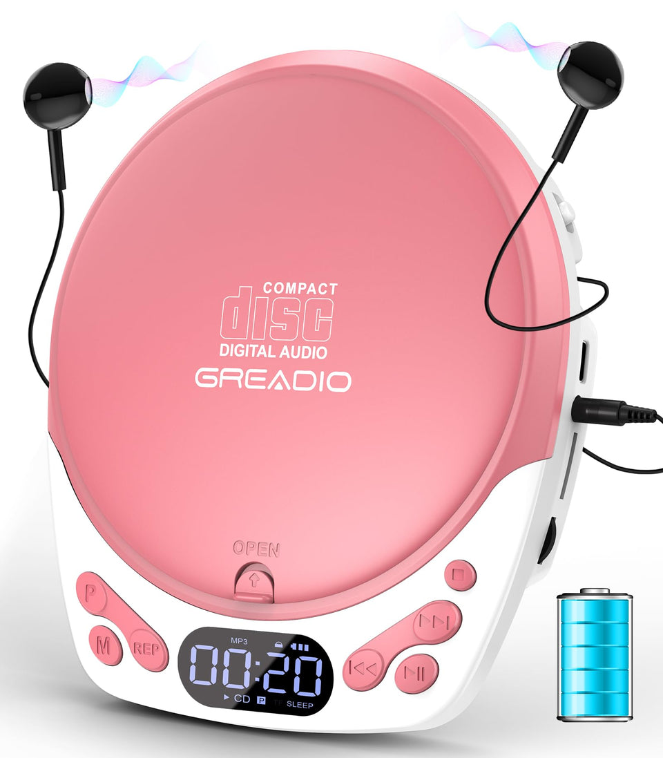 Greadio pink player front view showing compact design and benefits