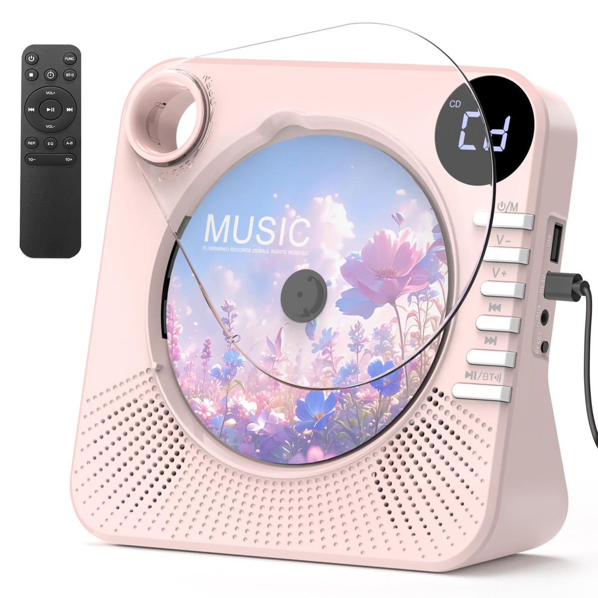 Greadio front view pink showing speaker and CD tray for clear tabletop playback