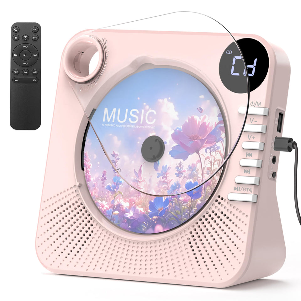 Greadio front view pink showing speaker and CD tray for clear tabletop playback