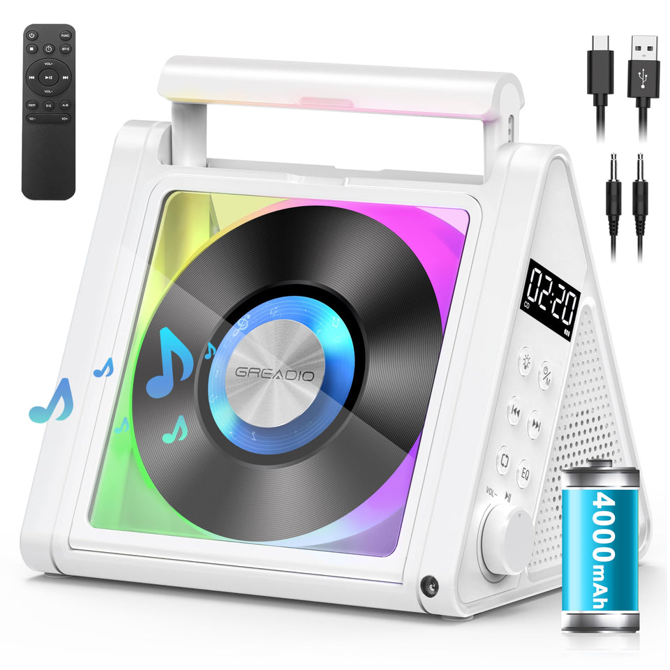 Greadio front view triangle CD player with clear controls and modern look for easy use
