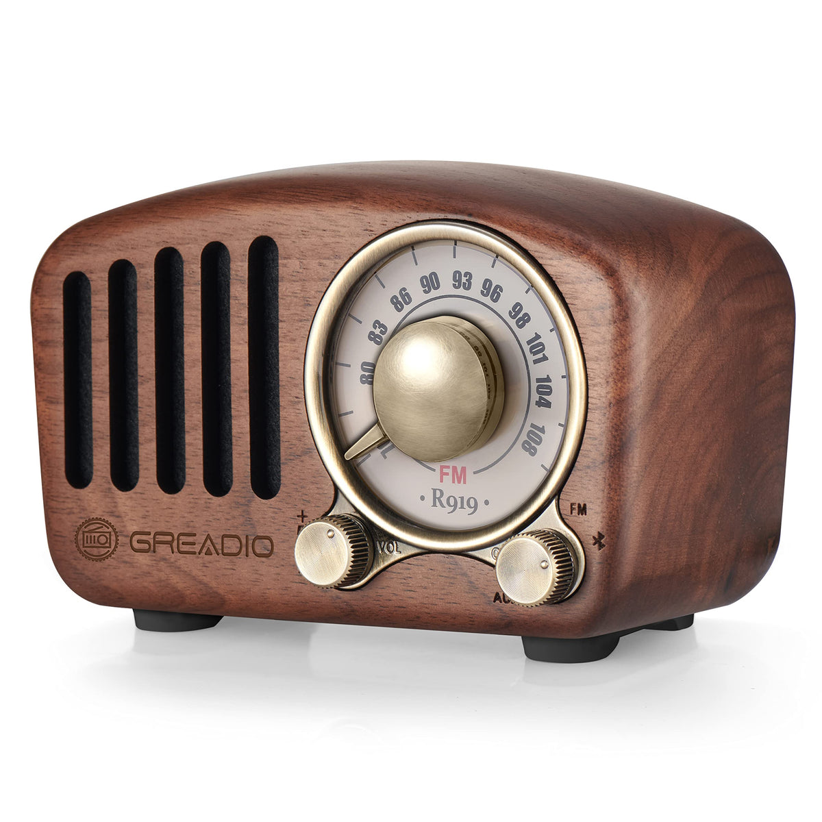 Greadio front view walnut radio showing vintage style and easy Bluetooth pairing