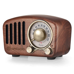 Greadio front view walnut radio showing vintage style and easy Bluetooth pairing