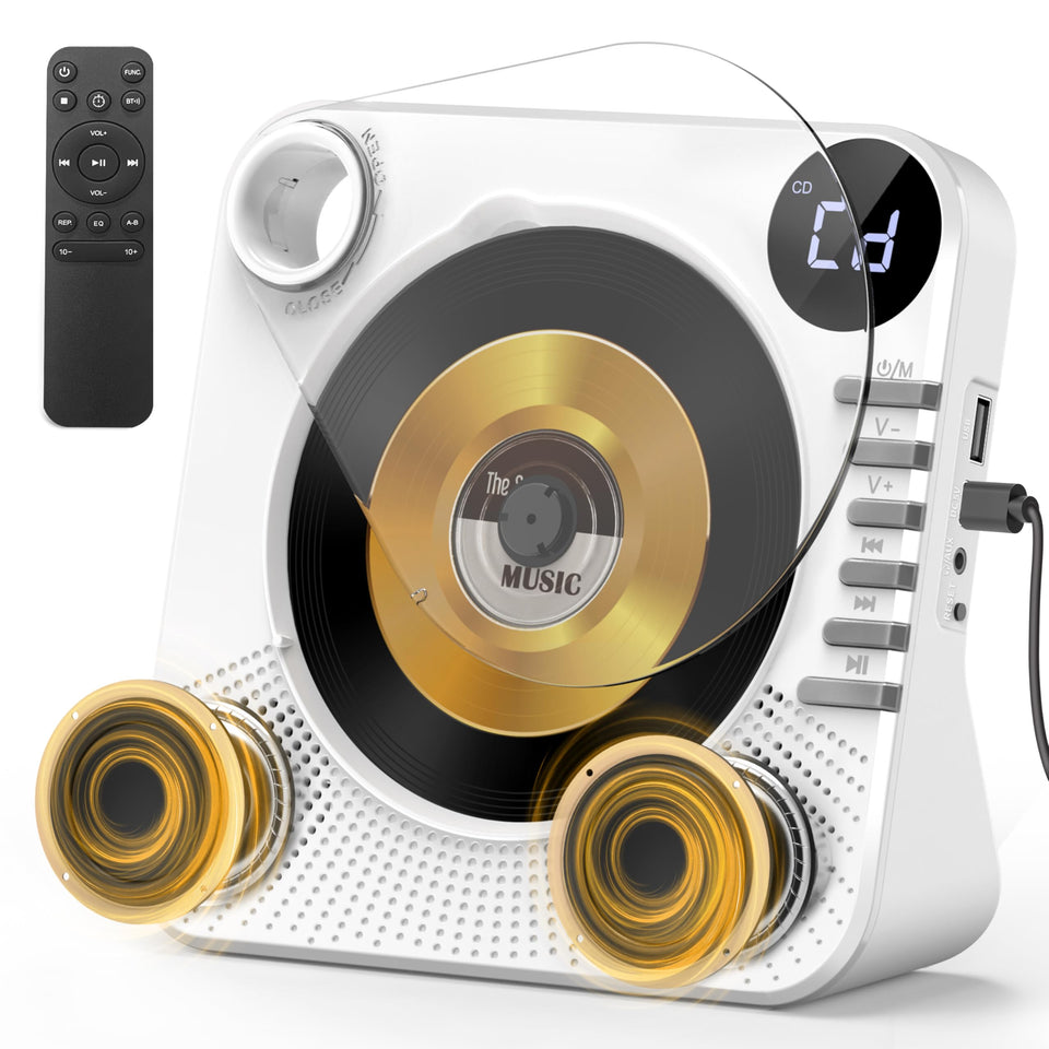 Greadio front view showing compact white player and clear LED display for easy monitoring