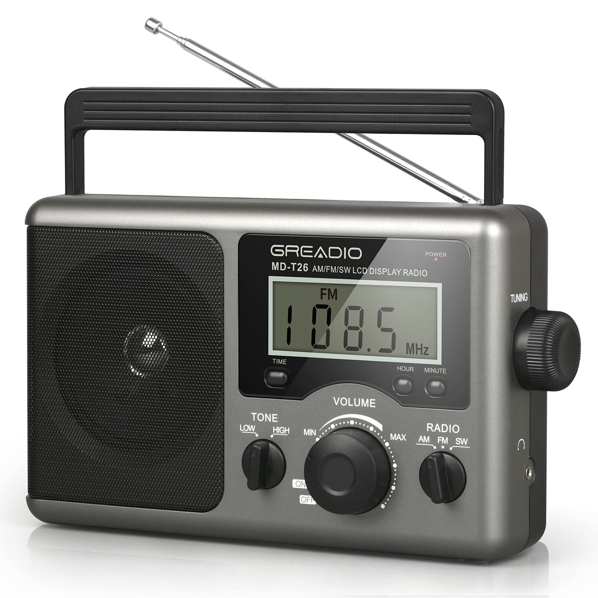 Greadio front view showing LCD and knobs, offering easy readable tuning