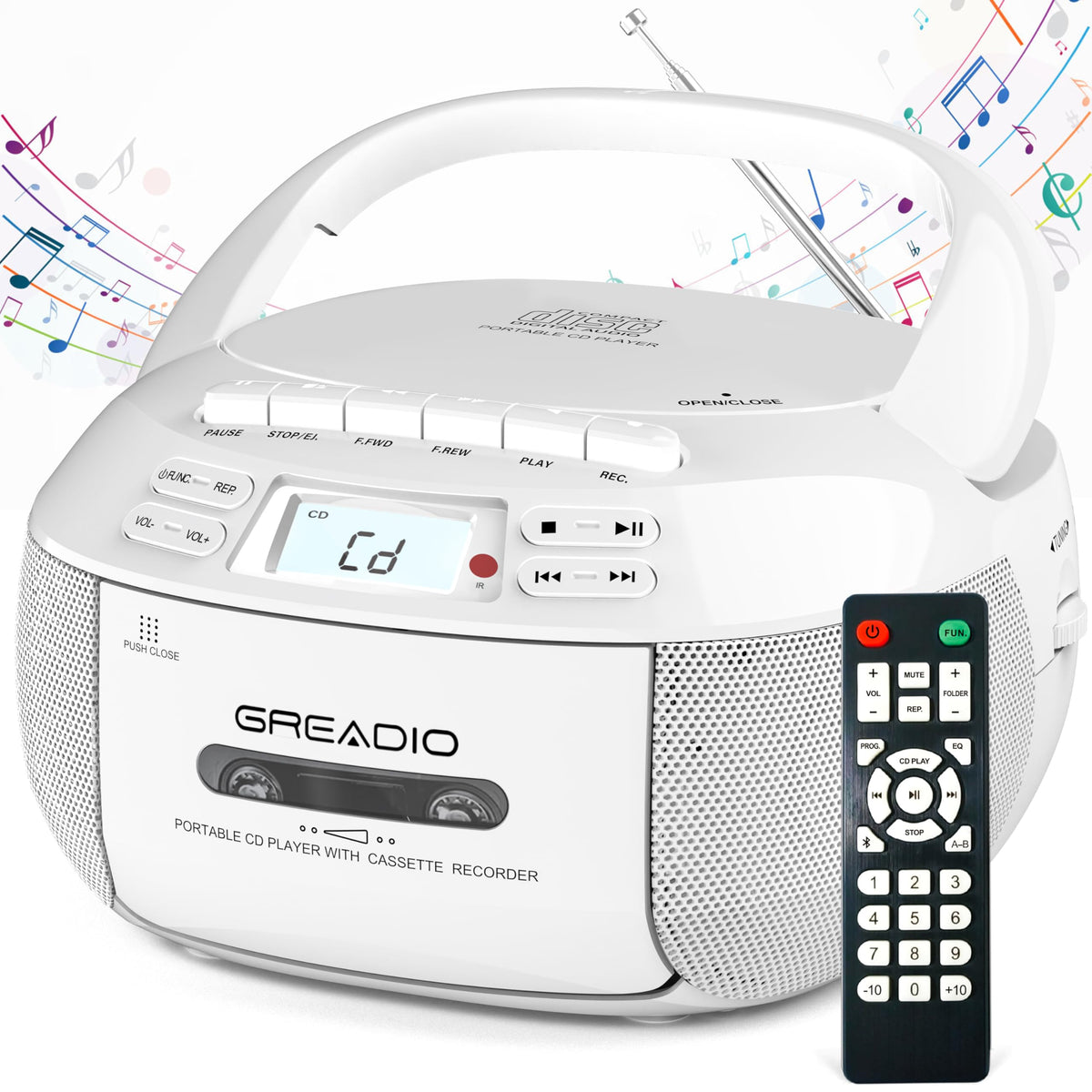 Greadio front view showing buttons and speakers for easy control