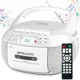 Greadio front view showing buttons and speakers for easy control
