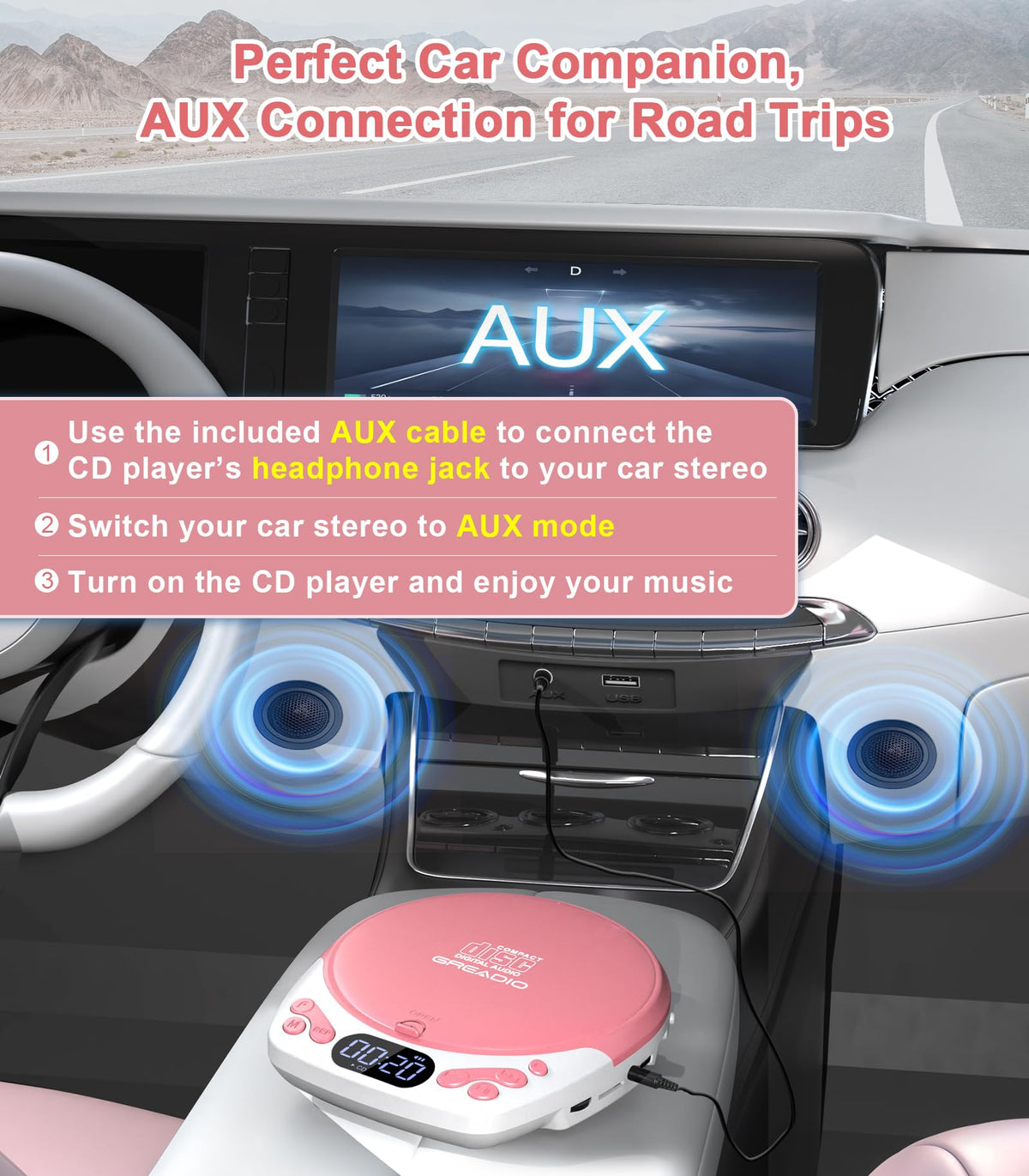 Greadio headphones and AUX cable included for private or car listening