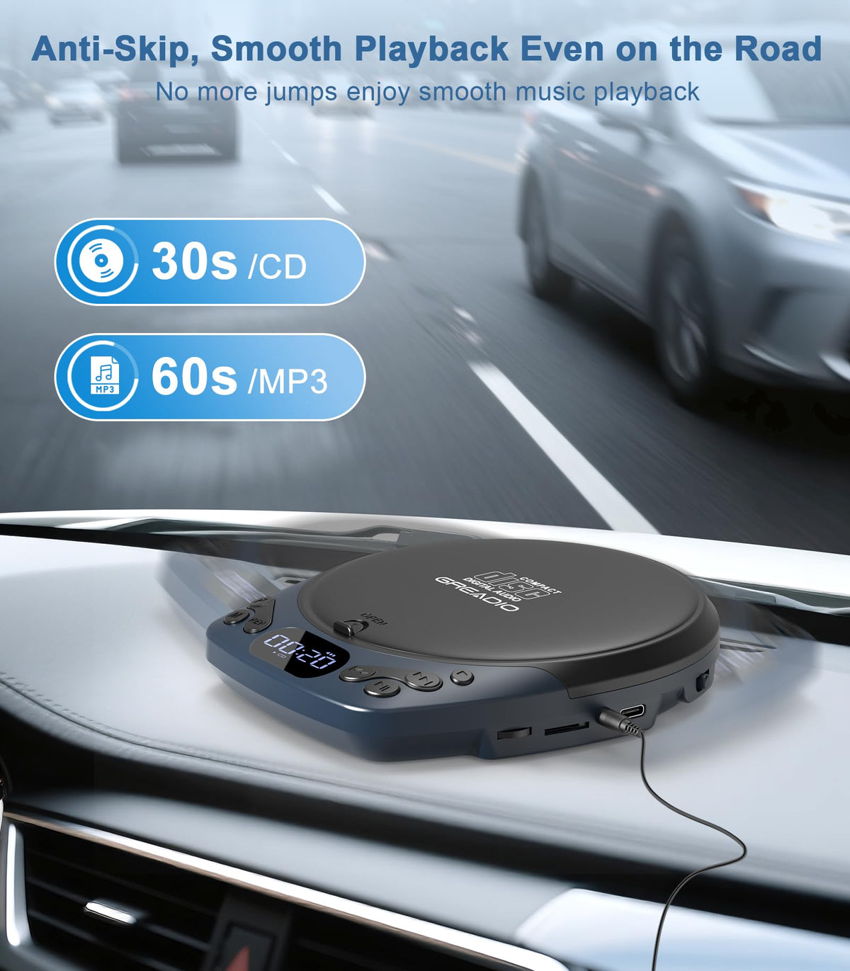 Greadio connected to car AUX illustrating stable, skip-resistant travel listening