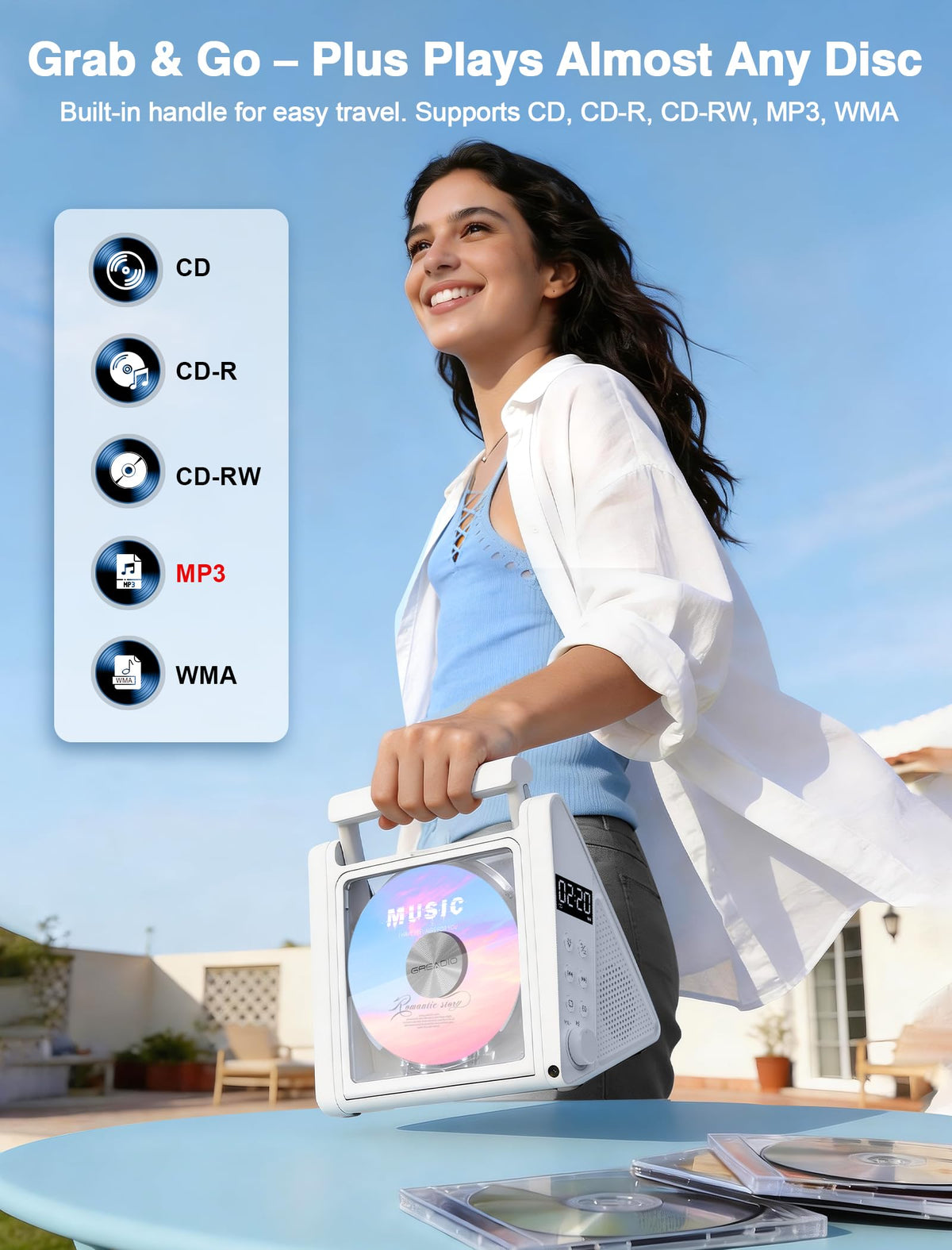 Greadio in use at a picnic showing rechargeable battery powering outdoor music