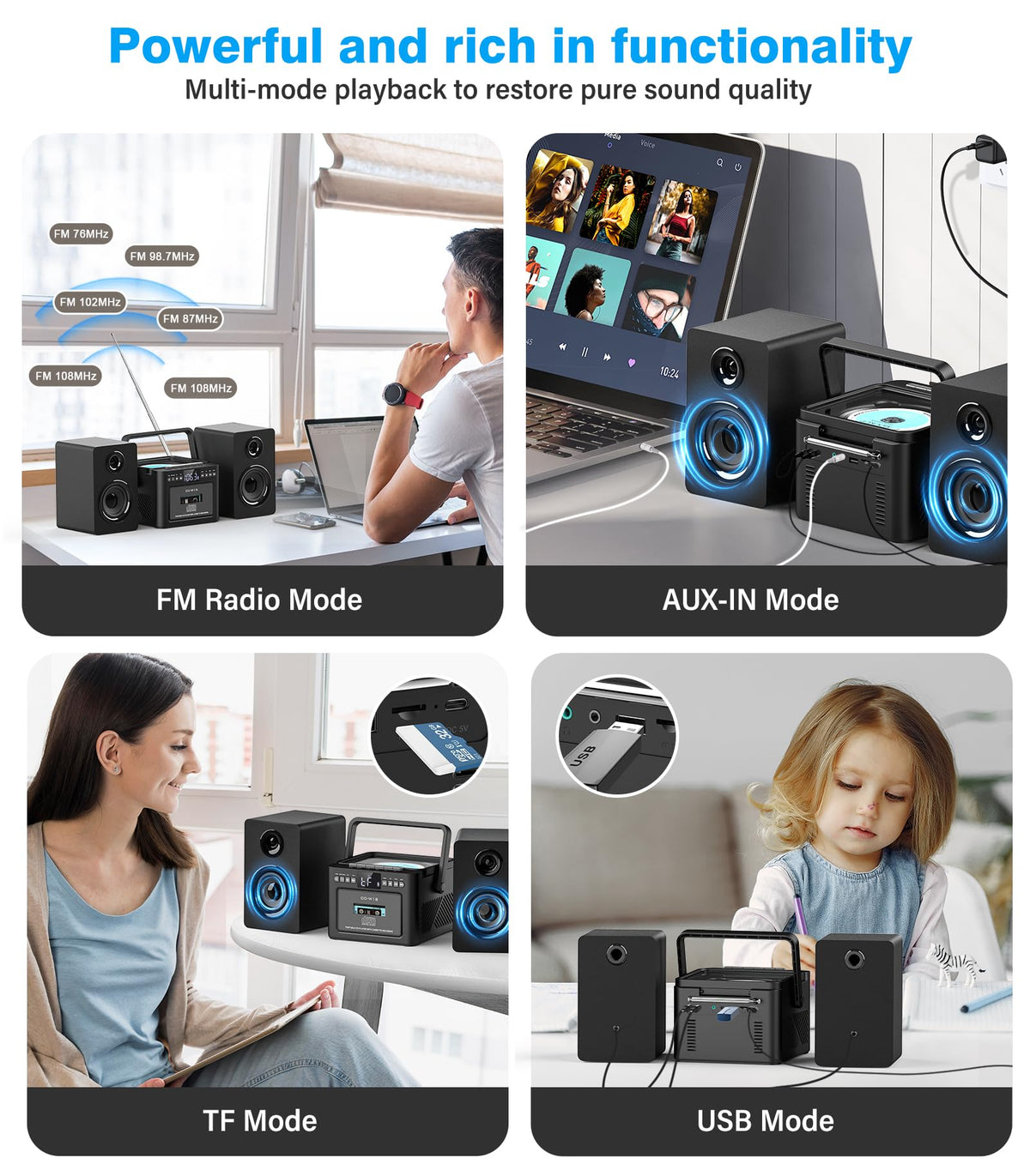 Greadio stereo placed in a living room demonstrating multi-source home entertainment benefit