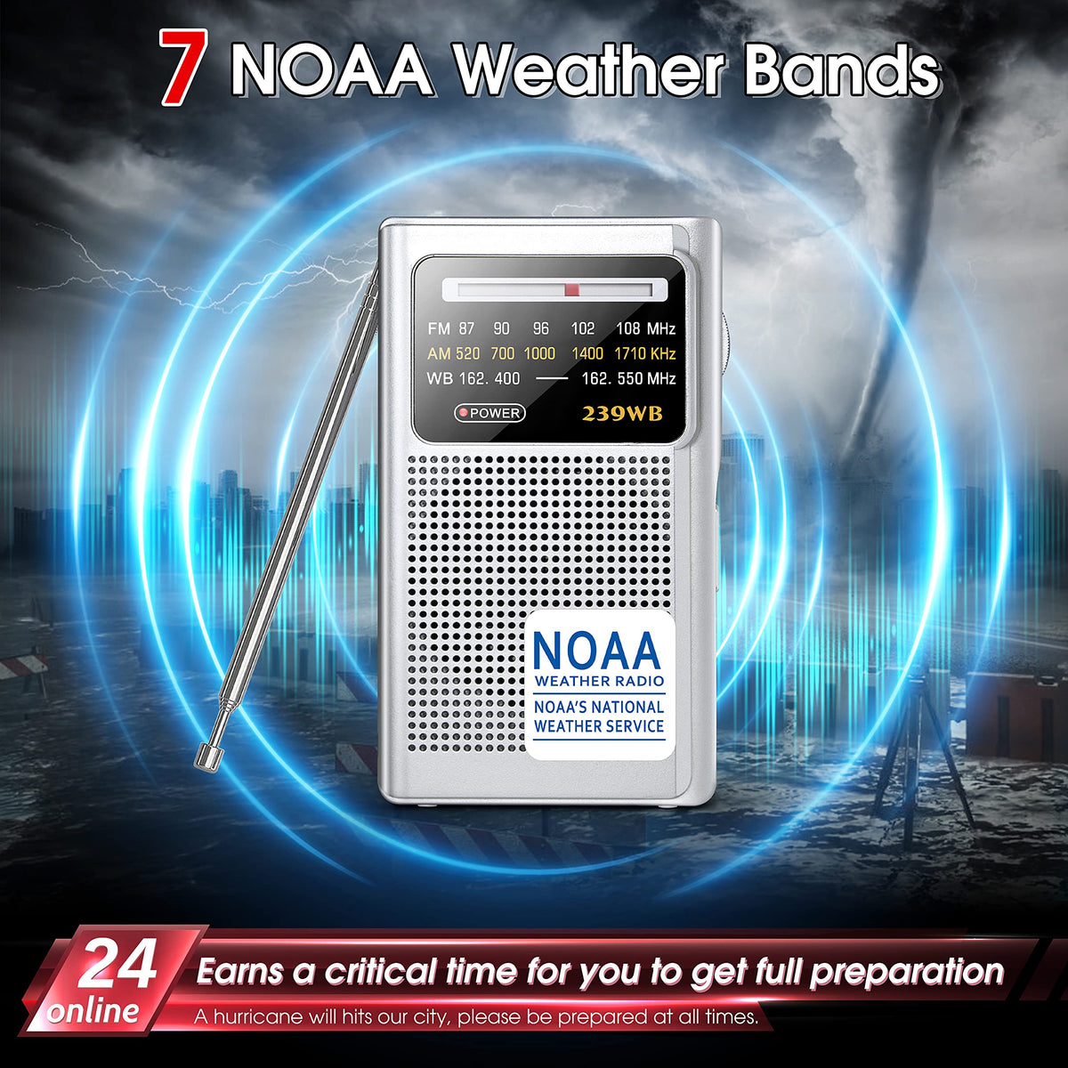 Greadio NOAA weather radio antenna extended to emphasize strong reception.