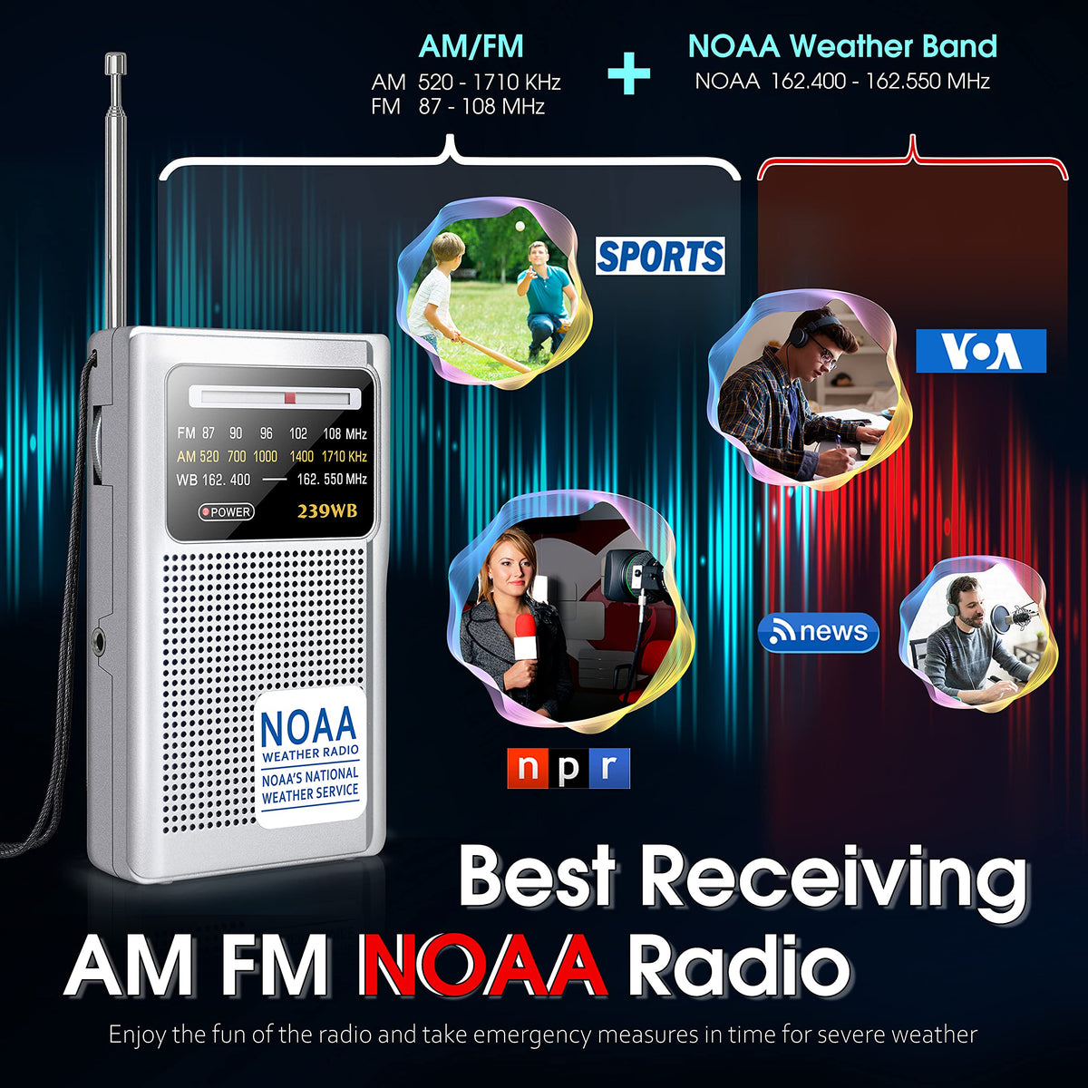 Greadio NOAA weather radio dial easy-use highlights simple one-hand operation.
