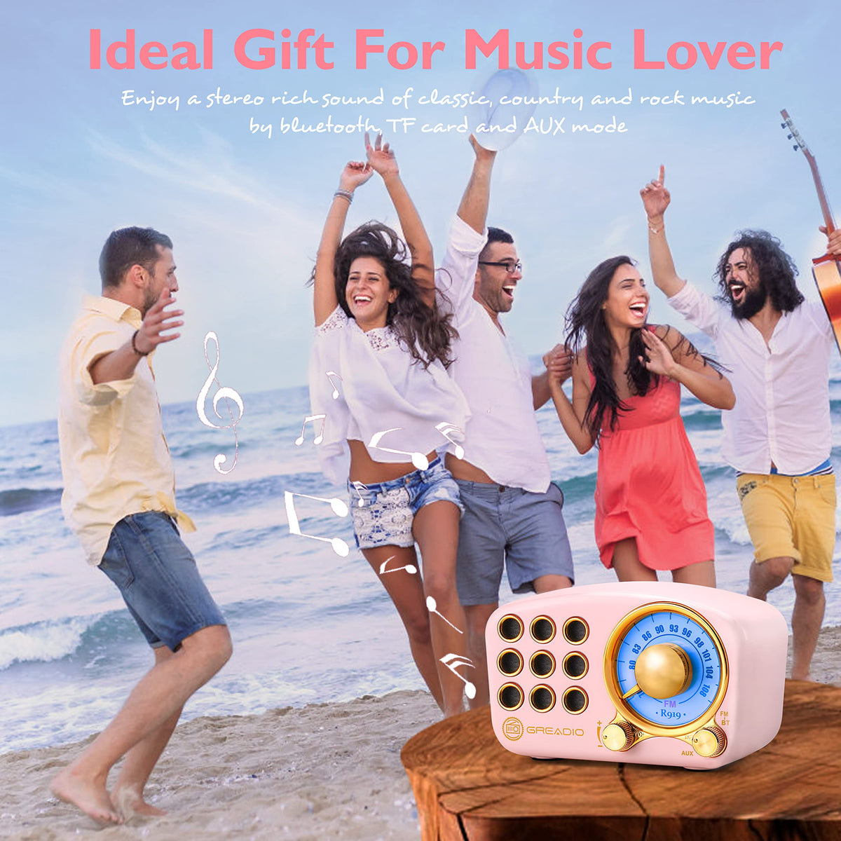 Greadio speaker set on beach towel delivering portable music for outdoor relaxation