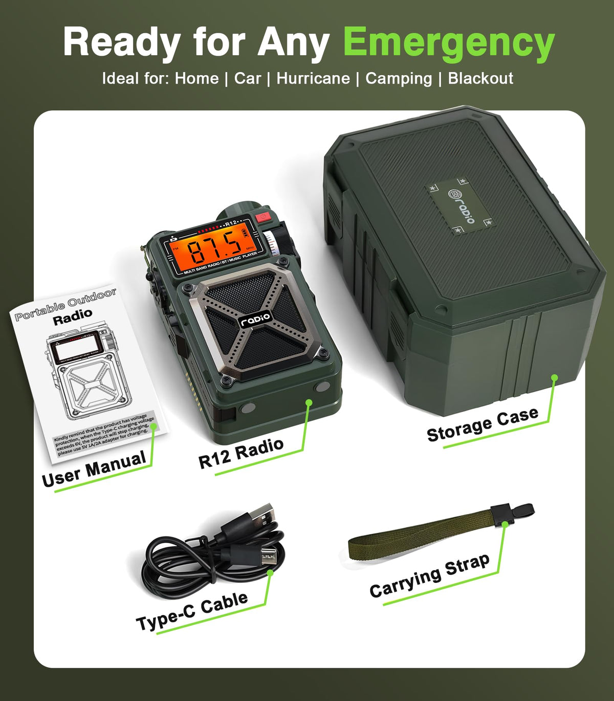 Greadio on a campsite table receiving NOAA alerts and powering lights outdoors