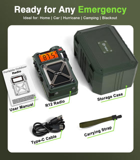Greadio on a campsite table receiving NOAA alerts and powering lights outdoors