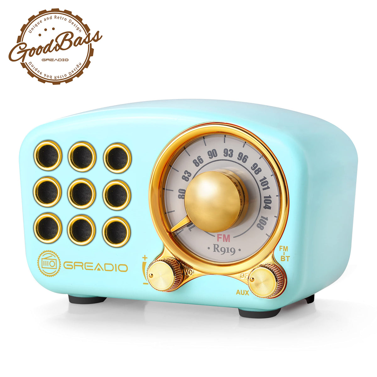 Greadio retro speaker front view showing vintage look and loud sound