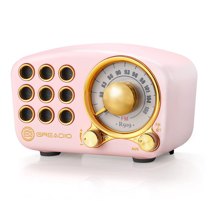 Greadio retro Bluetooth speaker front view showing vintage grille and bold sound