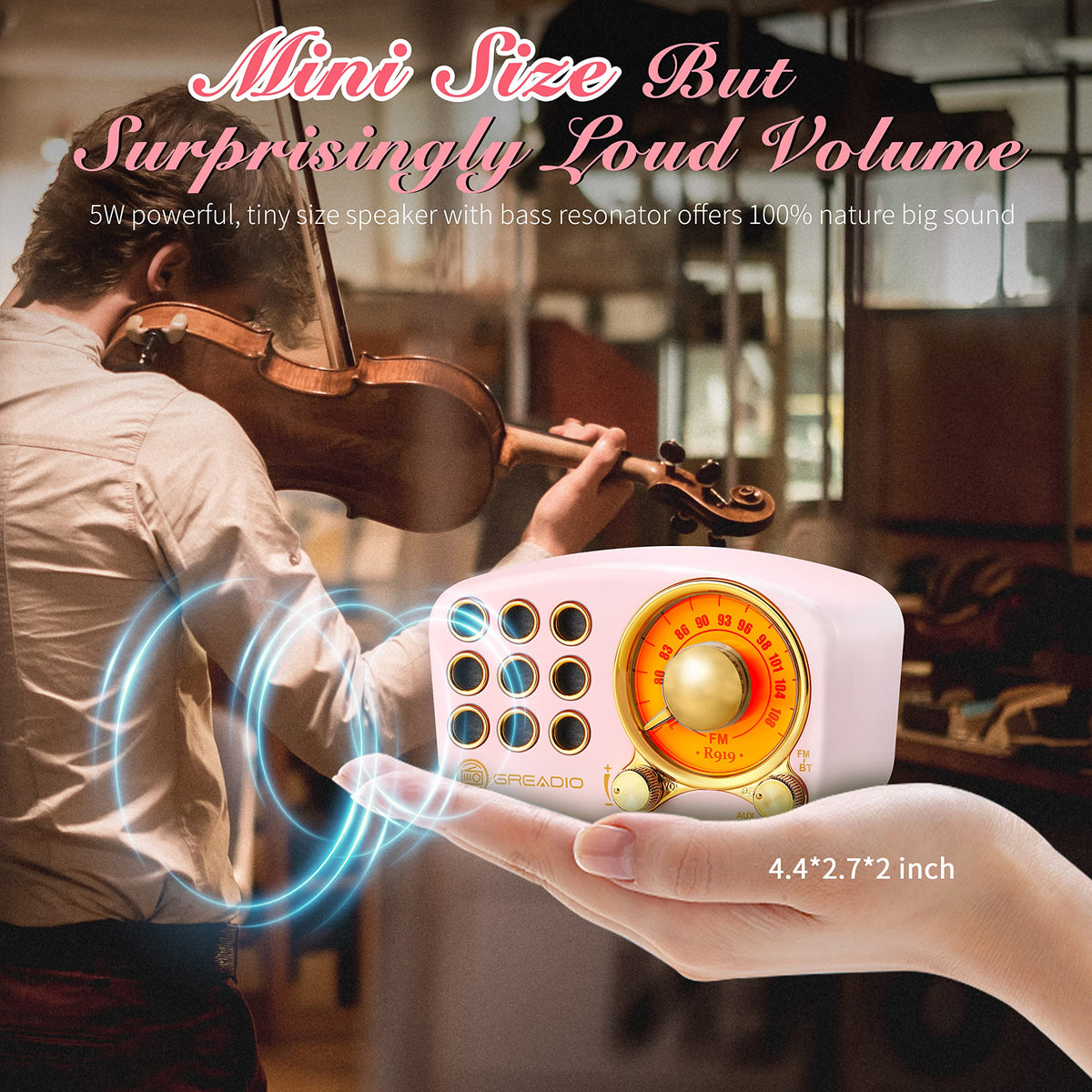 Greadio retro Bluetooth speaker side profile highlighting compact pink casing and style