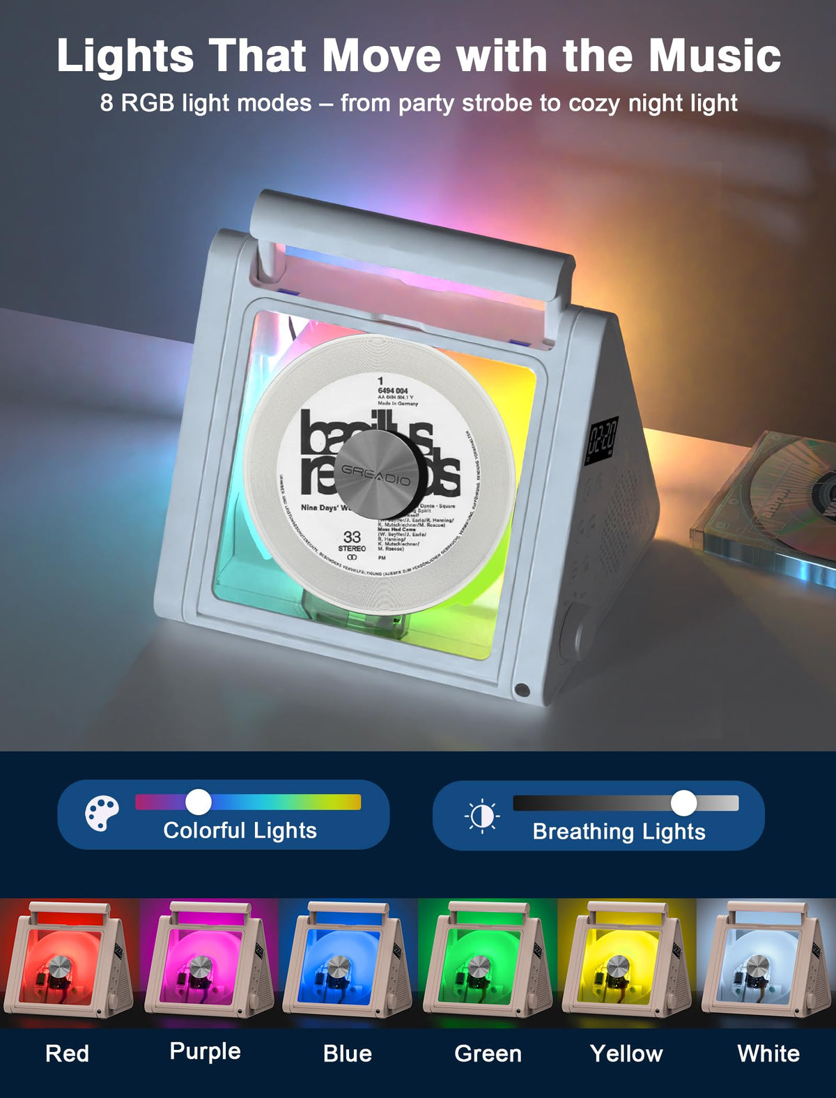 Greadio RGB lights close-up showing colorful modes to set party or relaxed mood