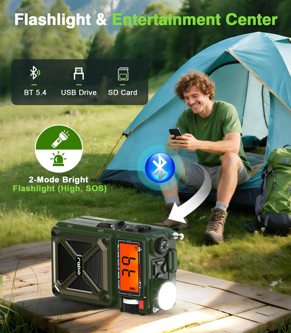 Greadio beside smartphone to show size and USB charging capability for device power