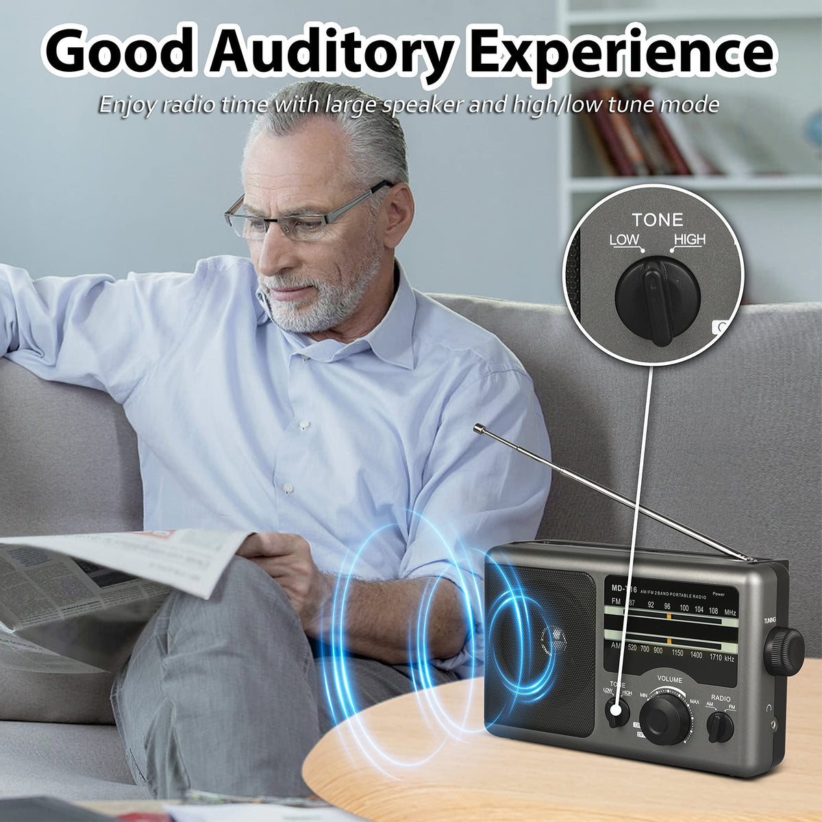 Greadio side view with oversized tuning knobs and comfortable handle for portability