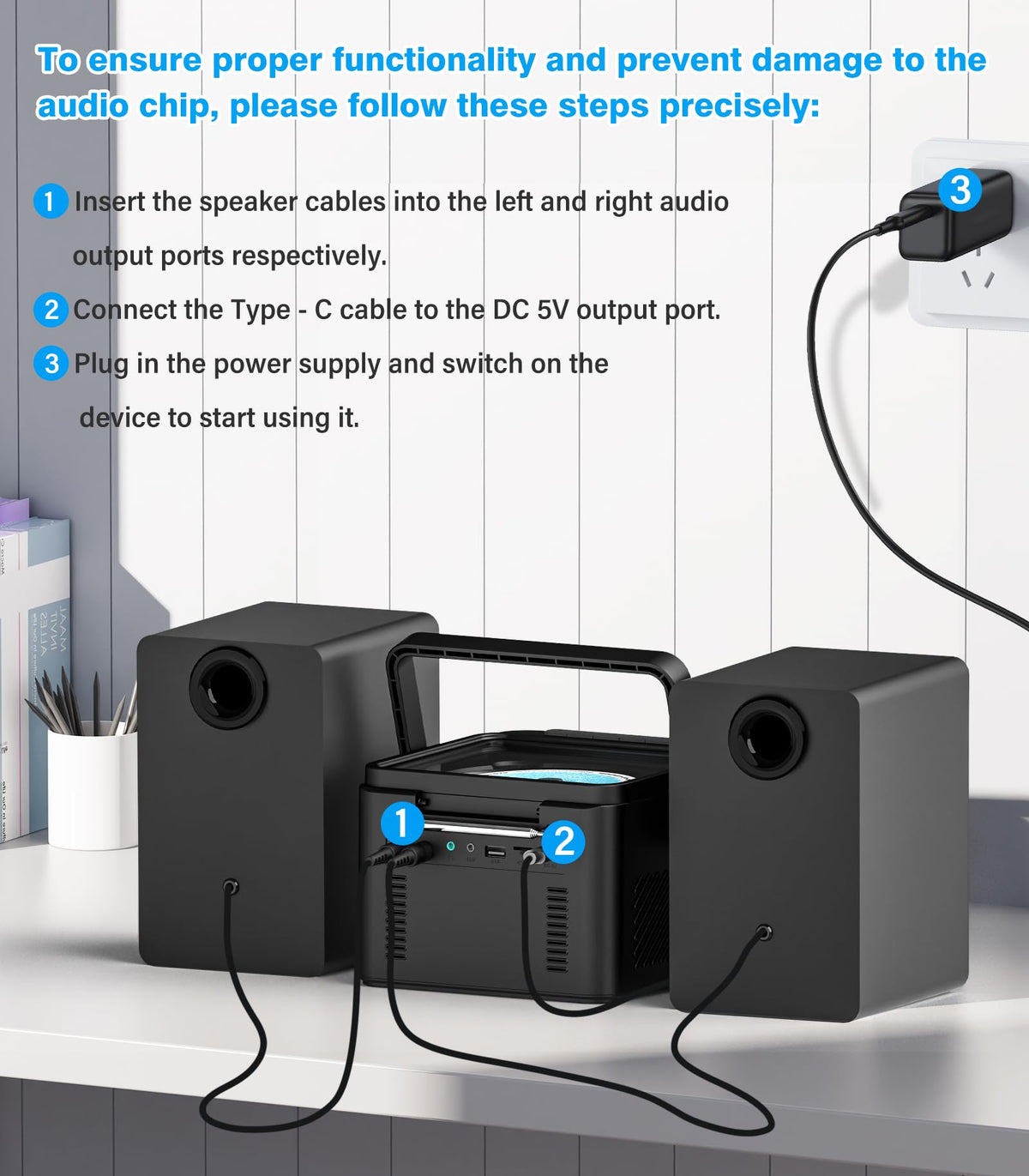 Greadio stereo next to books showing compact scale and shelf-friendly design benefit