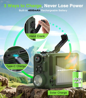 Greadio integrated solar panel charging the 14800mWh battery for continuous power