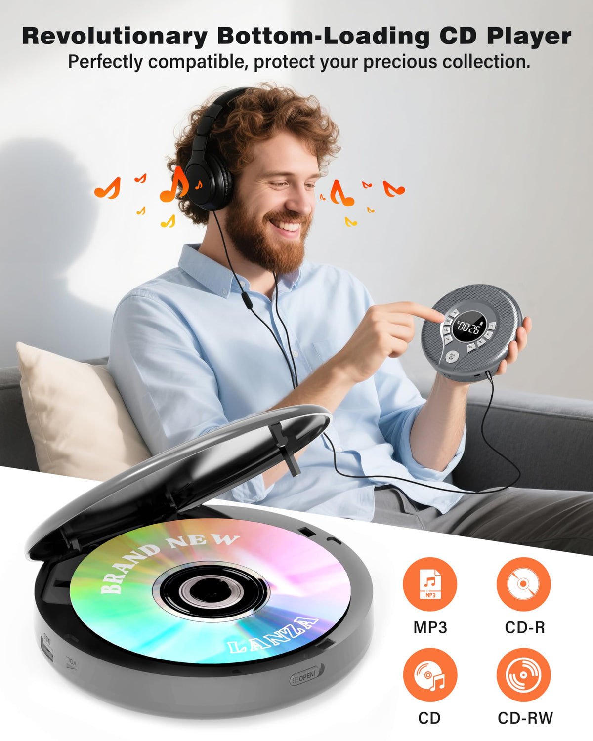 Greadio with headphones plugged in demonstrating private listening with included headphones