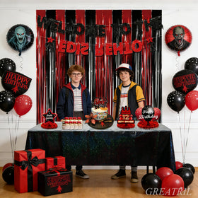 GREATRIL Foil Fringe Curtain in black and red for a glossy curtain effect.