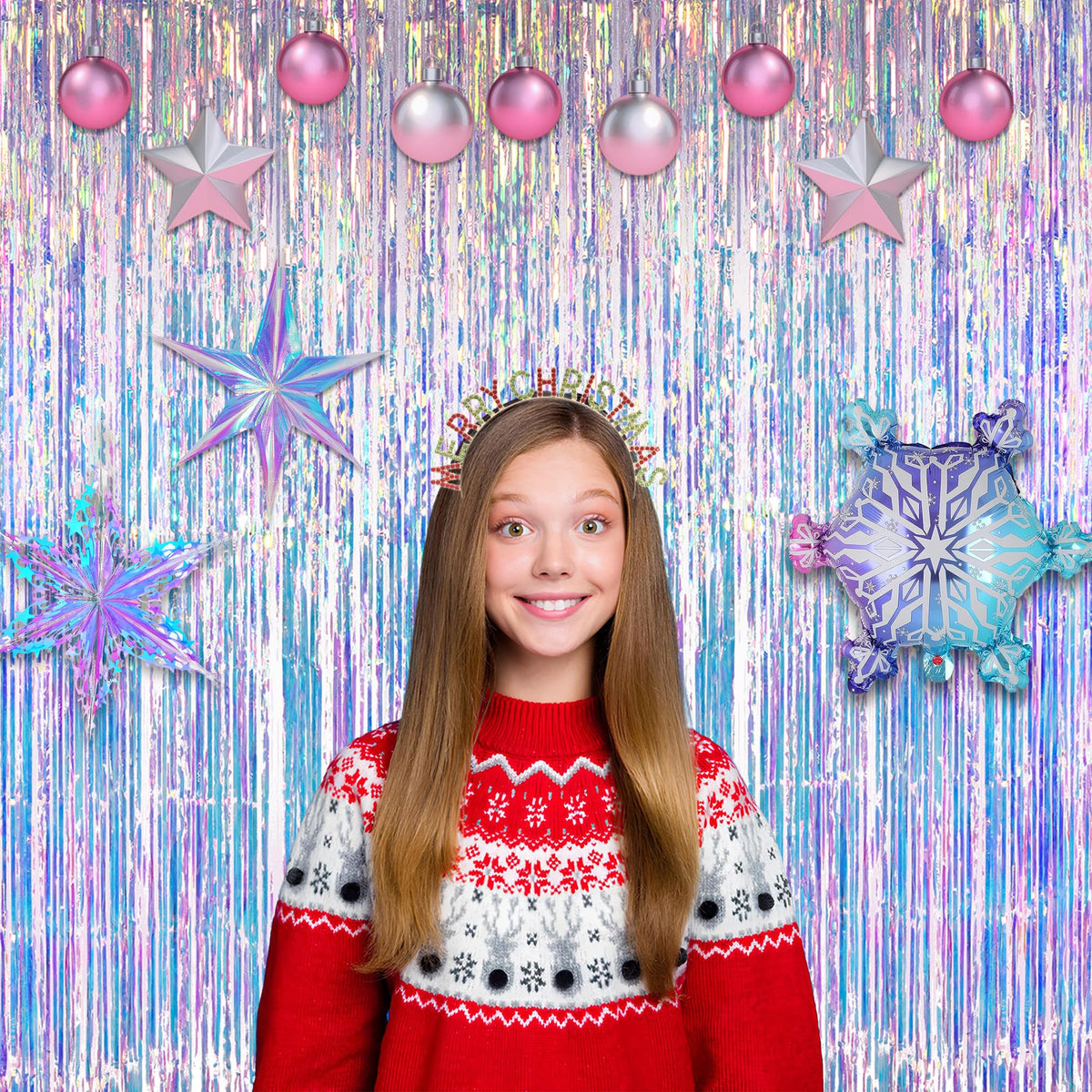 GreatRIL foil fringe curtain hangs easily for a stunning wall backdrop.