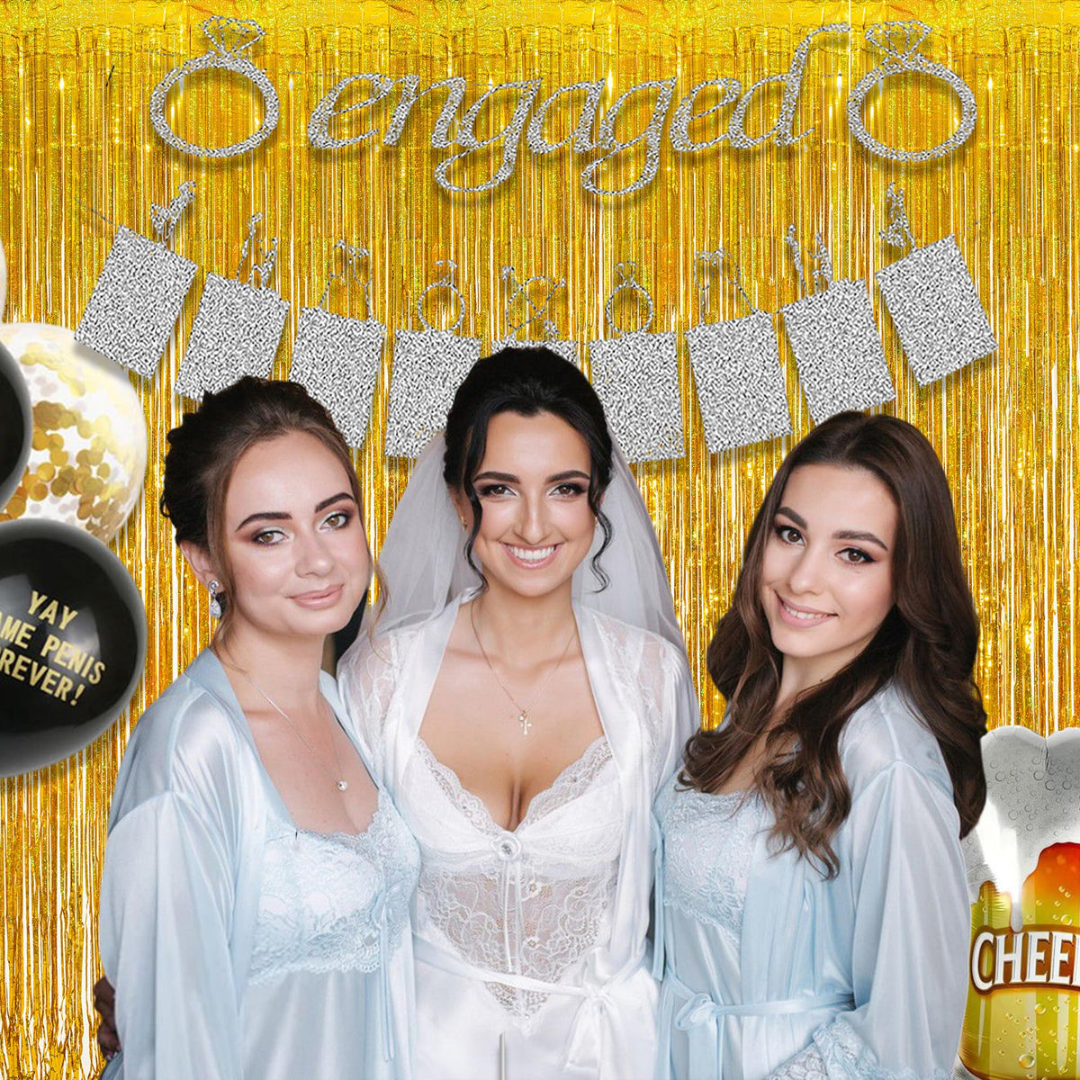 GREATRIL Gold fringe curtain assembly backdrop process shows quick, mess-free installation.