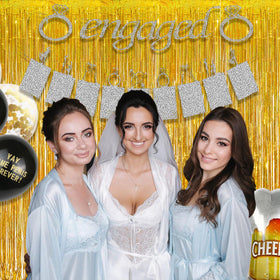 GREATRIL Gold fringe curtain assembly backdrop process shows quick, mess-free installation.