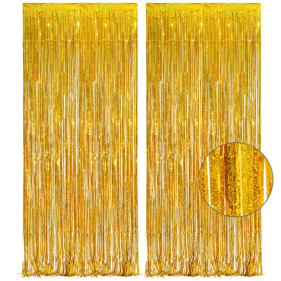 GREATRIL Gold fringe curtain backdrop closeup shines with sparkling shimmer for photo moments.