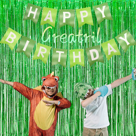 GreatRIL green foil fringe curtain dinosaur party backdrop adds texture and color