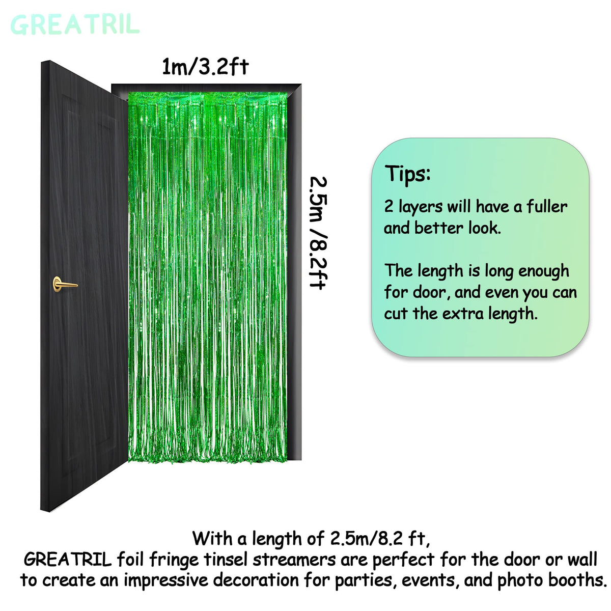 GreatRIL green foil fringe curtain luau theme brightens tropical setups and dance floors